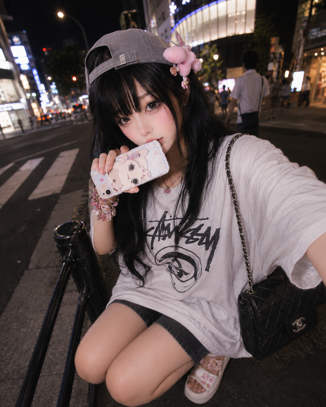 Tsukishiro Himeko taking a nighttime street selfie
