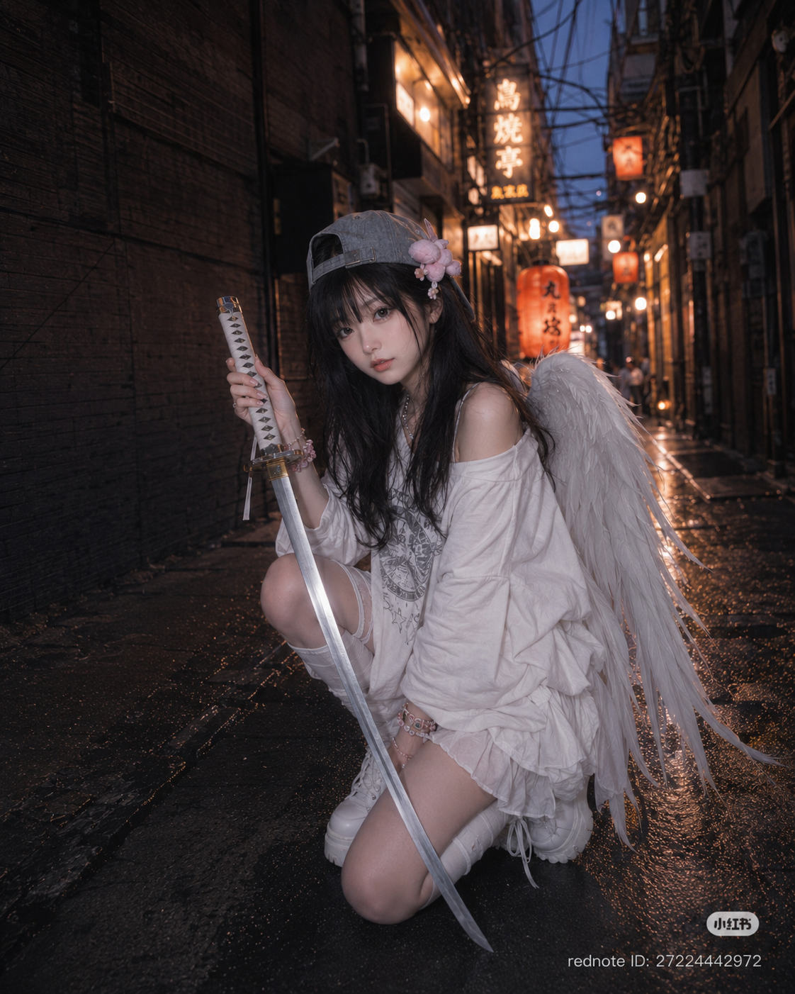 Tsukishiro Himeko with angel wings in a Tokyo alley