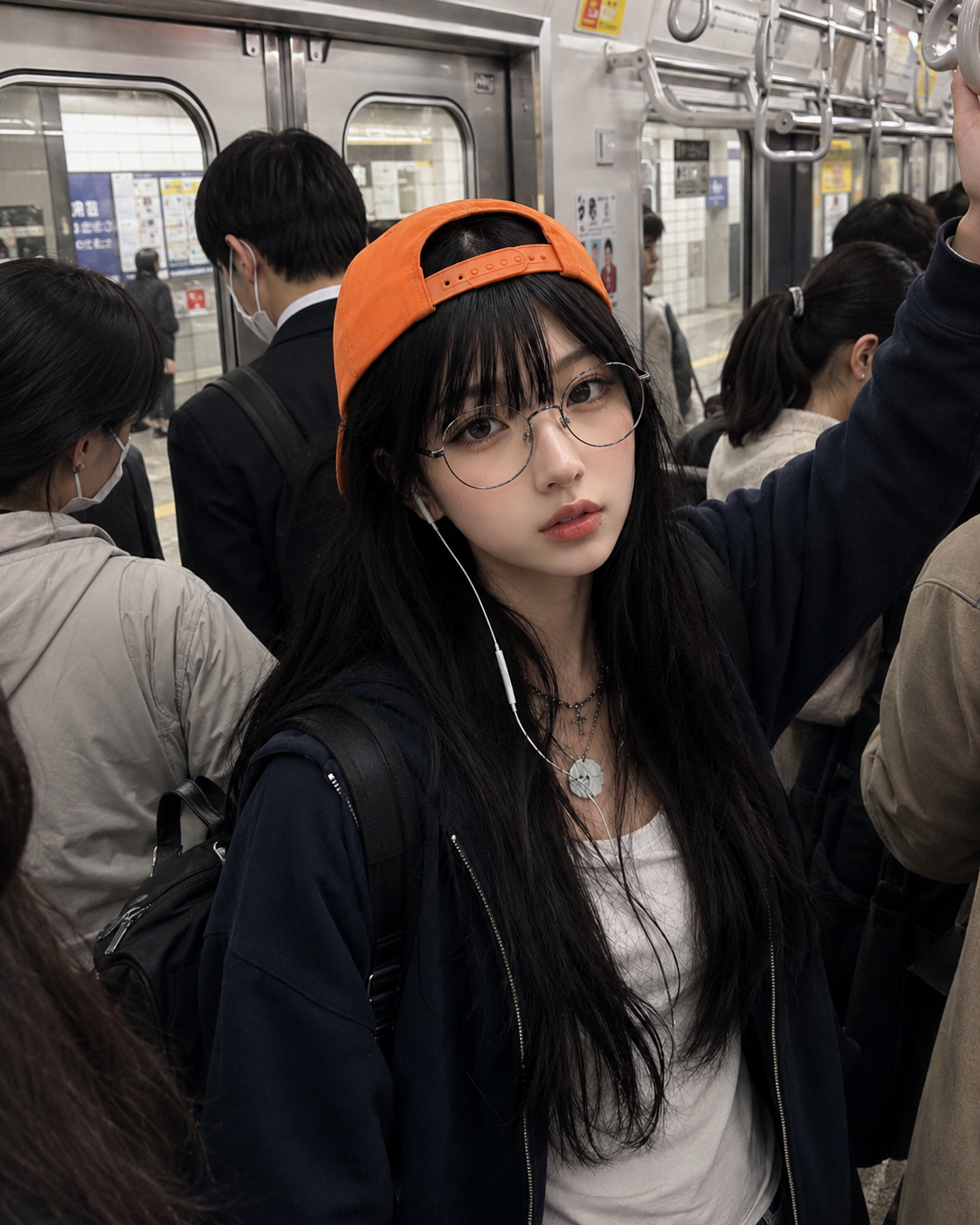 Tsukishiro Himeko wearing headphones on a crowded train